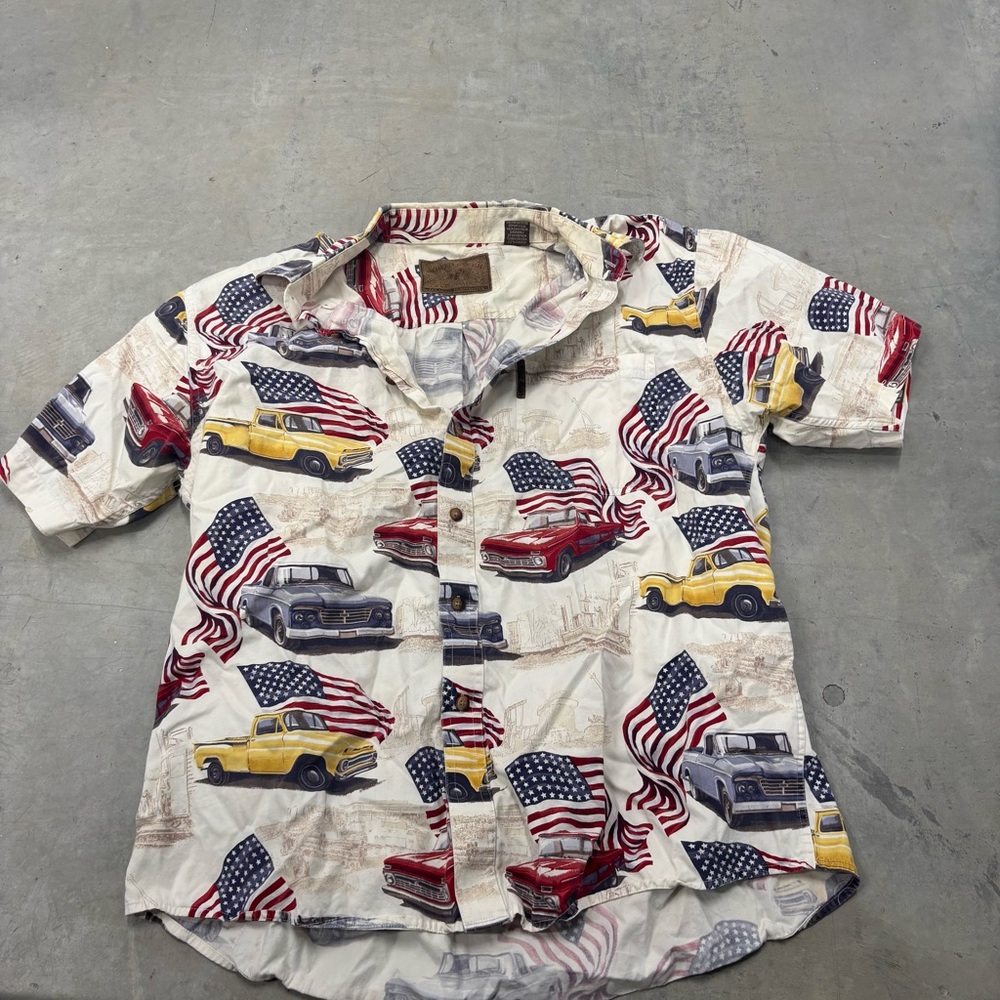 North River Short Sleeve Classic Cars‎ Button-Down Shirt Men Large American Flag